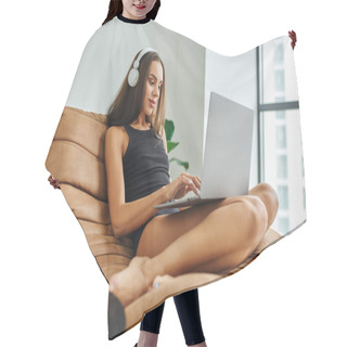 Personality  Pleased Freelancer In Wireless Headphones Using Laptop And Sitting On Bean Bag Chair, Pretty Woman Hair Cutting Cape