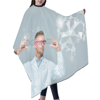 Personality  Handsome Scientist In Glasses Holding Medical Interface With Dna And Brain Isolated On Grey, Artificial Intelligence Concept Hair Cutting Cape