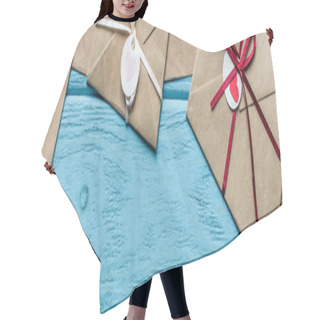 Personality  Top View Of Wooden Blue Background With Envelopes And Hearts, Panoramic Shot Hair Cutting Cape