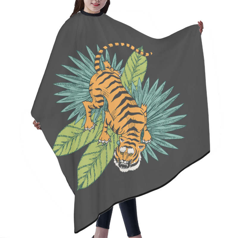 Personality  Japanese Tigers With Tropical Leaves. Wild Animal With Green Plants. Banner Or Poster For Advertising Or Web. Hair Cutting Cape