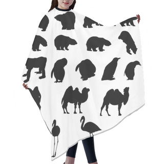 Personality  Set Of Bears, Ape, Penguins, Camels And Flamingos Silhouettes. Hair Cutting Cape