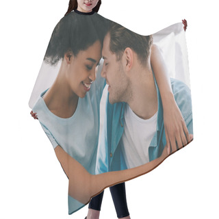 Personality  Young Woman Embracing Boyfriend While Sitting On Bed Hair Cutting Cape