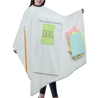 Personality  Elevated View Of Paper Sticker With Word Ideas In Notebook, Pencil And Pile Of Note Papers On White Tabletop Hair Cutting Cape
