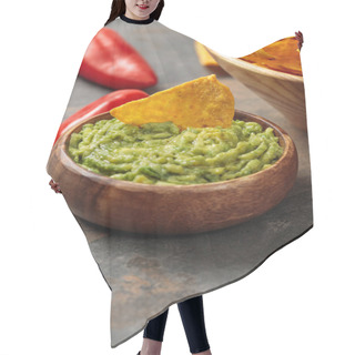 Personality  Close Up View Of Mexican Nachos With Guacamole And Chili Peppers On Stone Table Hair Cutting Cape