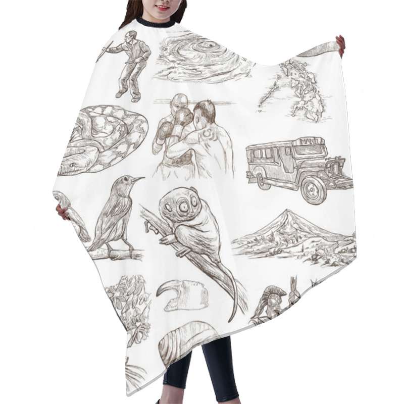 Personality  Travel - Philippines. Full Sized Hand Drawings On White Hair Cutting Cape