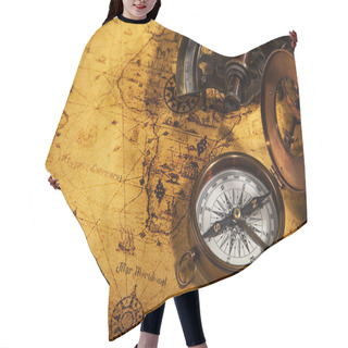 Personality  Old Vintage Navigation Equipment On Old World Map. Hair Cutting Cape