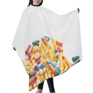 Personality  High Angle View Of Bright Capsules And Pills On White Background Hair Cutting Cape