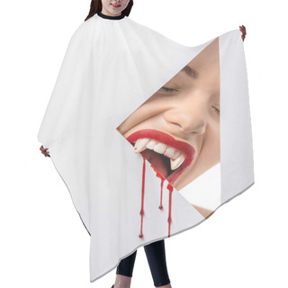 Personality  Cropped Shot Of Woman With Vampire Teeth And Blood Biting Through Hole On White  Hair Cutting Cape