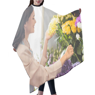 Personality  Side View Of Happy Florist Caring About Yellow Aster Near Range Of Flowers On Blurred Background Hair Cutting Cape