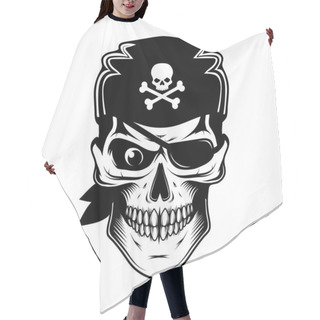 Personality  Skull Evil Pirate. Pirate Tattoo. Captain Logo. Pirate Eye. Buccaneer Hat. Vintage Sailor Character. Filibuster Face. Freebooter. Monochrome Style. Vector Graphics To Design. Hair Cutting Cape