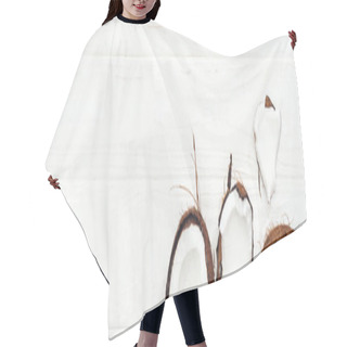 Personality  Top View Of Coconut Halves On White Wooden Surface, Panoramic Shot Hair Cutting Cape