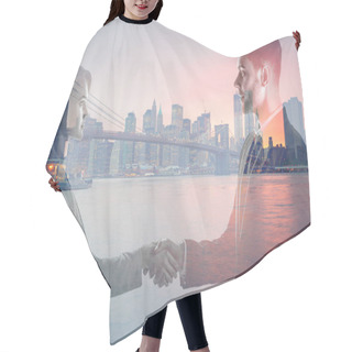 Personality  Double Exposure Of Man And Woman Shaking Hands And Looking At Each And New York Evening Cityscape Hair Cutting Cape