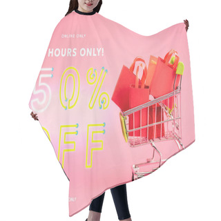 Personality  Shopping Bags In Small Trolley Near Online Only, 48 Hours Only, 50 Percent Off, Select Styles Only Lettering On Pink, Black Friday Concept Hair Cutting Cape
