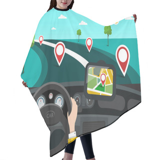 Personality  Road Map With Hands On Steering Wheel And Pins On The Road. Vector GPS Navigation Symbol. Hair Cutting Cape