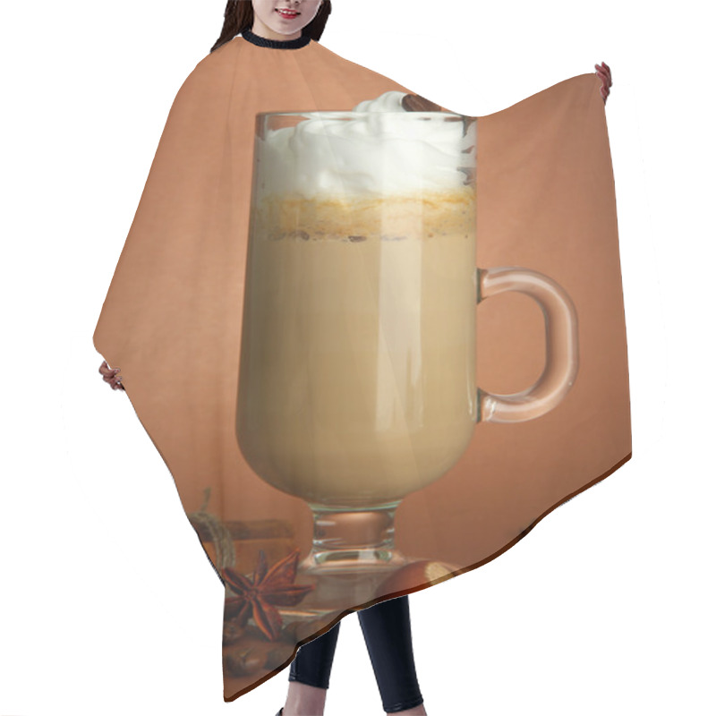 Personality  Fragrant Coffee Latte In Glass Cup With Spices, On Brown Background Hair Cutting Cape