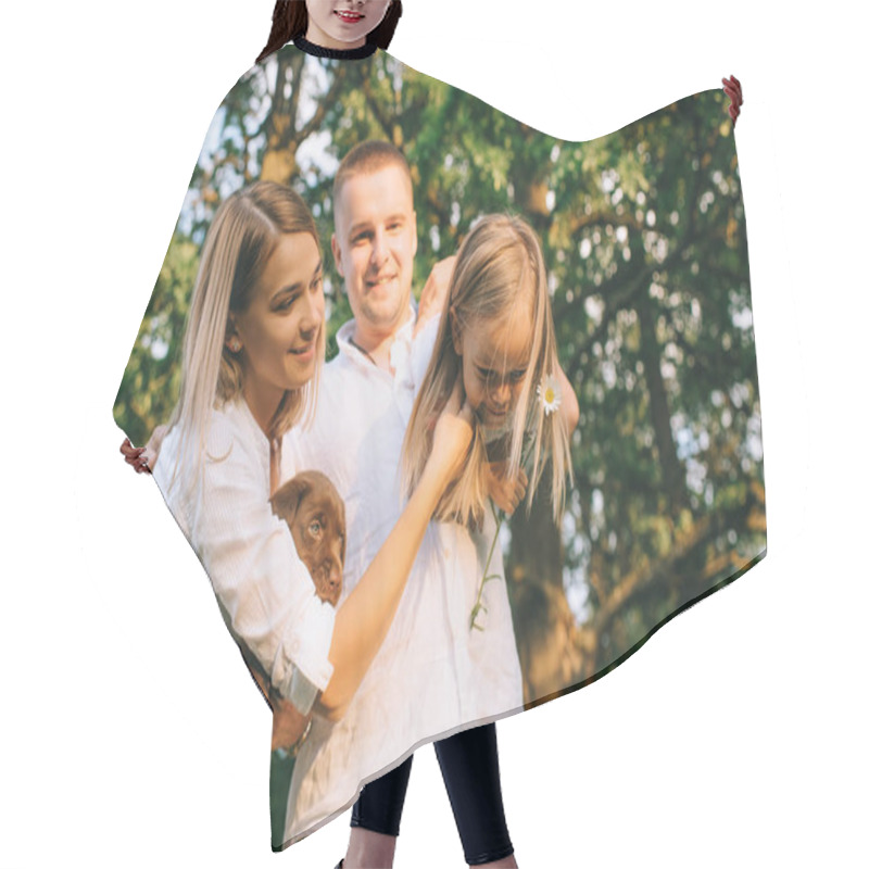 Personality  Portrait Of Happy Family With Daughter And Little Labrador Puppy In Forest Hair Cutting Cape