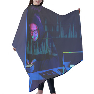Personality  Hacker With Charts Reflection Using Smartphone Near Computer And Documents On Black Background  Hair Cutting Cape