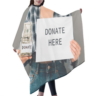 Personality  Cropped View Of Woman Holding Card With Donate Here Lettering And Jar With Money On Grey Background Hair Cutting Cape