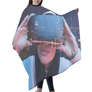 Personality  Double Exposure Of Brunette Girl Touching Virtual Reality Headset And Modern City With Skyscrapers In Nighttime  Hair Cutting Cape