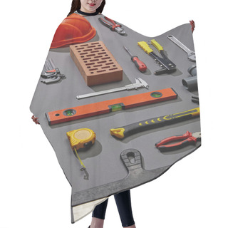 Personality  Flat Lay With Brick, Helmet And Industrial Tools On Grey Background Hair Cutting Cape