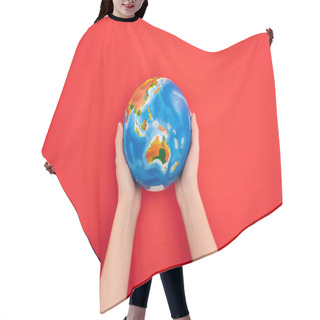Personality  Cropped View Of Woman Holding Globe On Red Background, Global Warming Concept Hair Cutting Cape