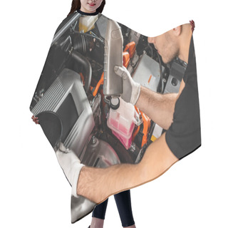 Personality  Young Mechanic Holding Funnel And Bottle With Engine Oil  Hair Cutting Cape