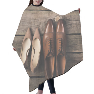 Personality  Top View Of Bridal And Grooms Pairs Of Shoes On Wooden Surface Hair Cutting Cape
