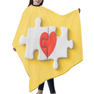 Personality  Top View Of Connected Puzzle Pieces With Drawn Red Heart Isolated On Yellow  Hair Cutting Cape
