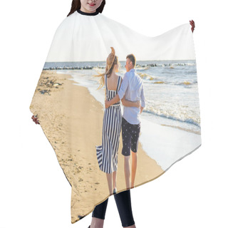 Personality  Rear View Of Affectionate Couple Walking On Sandy Beach On Summer Day Hair Cutting Cape