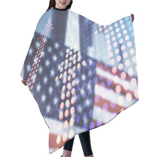 Personality  Abstract Virtual Upward Arrows Sketch On US Flag And Skyline Background, Target And Goal Concept. Multiexposure Hair Cutting Cape
