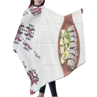 Personality  Top View Of Marinated Herring With Potatoes And Onions In Earthenware Plate With Embroidered Towel On White Wooden Background Hair Cutting Cape