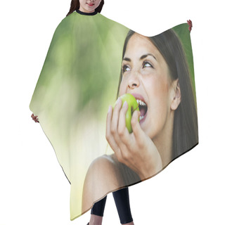 Personality  Portrait Young Charming Woman Biting Apple Hair Cutting Cape