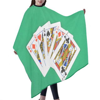 Personality  Top View Of Green Poker Table With Unfolded Playing Cards, Three Queens And  Two Jacks Hair Cutting Cape
