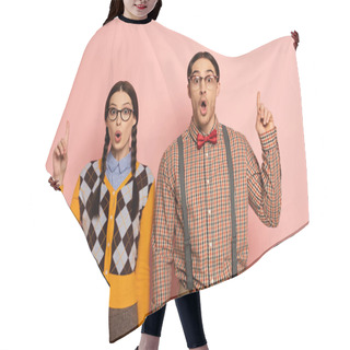 Personality  Couple Of Surprised Nerds In Eyeglasses Having Idea And Pointing Up On Pink Hair Cutting Cape