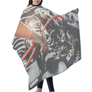 Personality  Car Mechanic Holding Battery Electricity Trough Cables Jumper An Hair Cutting Cape
