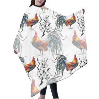 Personality  Seamless Watercolor Pattern With Farm Roosters Silhouettes And Flowers Hair Cutting Cape