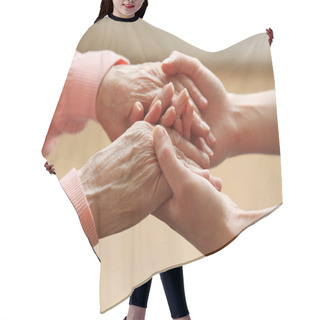 Personality  Old And Young Holding Hands On Light Background, Closeup Hair Cutting Cape