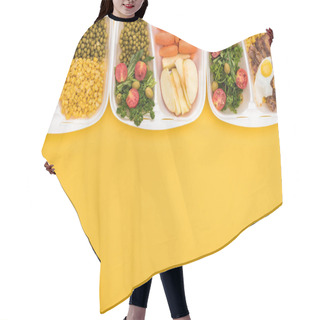Personality  Top View Of Eco Packages With Apples, Vegetables, Meat, Fried Eggs And Salads Isolated On Yellow  Hair Cutting Cape