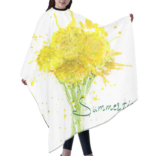 Personality  Abstract Watercolor Art Hand Drawn Background With Yellow Dandelions And Green Lettering Summertime. Vector Illustration. Hair Cutting Cape