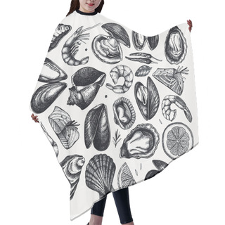 Personality  Vector Seafood Collection. Hand Drawn Fish, Shellfish, Shrimps. Hair Cutting Cape