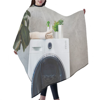 Personality  Plants, Towel And Bottles On Washing Machine Near Laundry Basket In Bathroom  Hair Cutting Cape