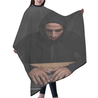Personality  Hacker In Black Hoodie Using Laptop, Cuber Security Concept Hair Cutting Cape