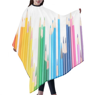 Personality  Panoramic Shot Of Line Of Different Sizes Color Pencils Isolated On White Hair Cutting Cape