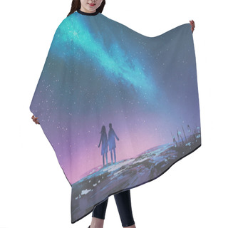 Personality  Young Couple Standing Holding Hands Against The Milky Way Galaxy Hair Cutting Cape