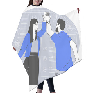 Personality  High-five. Young Man And Woman Giving High-five And Smiling. Flat Design Success And Cooperation Vector Concept. Hair Cutting Cape