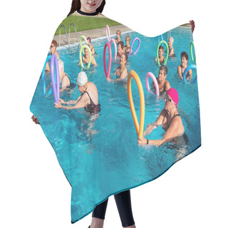 Personality  Senior Ladies Doing Exercises Together In Pool. Aqua Gym Class Working Out With Colourful Foam Noodles Hair Cutting Cape