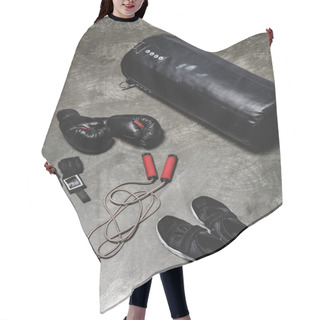 Personality  High Angle View Of Various Boxing Equipment Lying On Concrete Surface Hair Cutting Cape