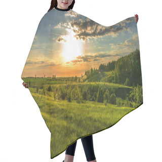 Personality  Magnificent Scenery, Sunset Over Fields, Ravines And Forests, Turquoise Orange Sky And Bright Green Grass And Leaves Of Trees Hair Cutting Cape