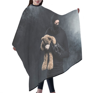 Personality  Kidnapper In Balaclava Holding Gun And Teddy Bear Hair Cutting Cape