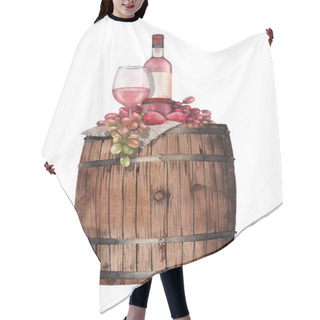 Personality  Watercolor Glass Of Rose Wine, Bottle, Strawberries And Grapes On The Wooden Barrel Hair Cutting Cape